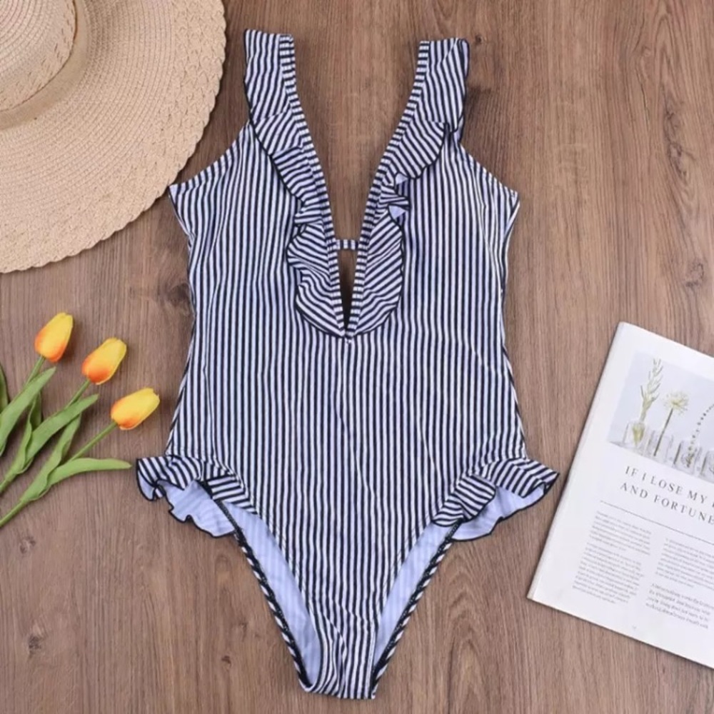 CLEARANCE Striped Ruffle One Piece Swimsuit - Picture 2 of 4
